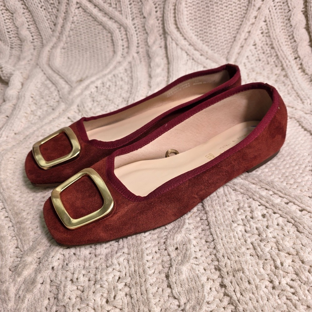 Avellini Buckle Italian Suede Ballet Flats Burgundy Rust Red‎ Womens 38 7.5 NEW